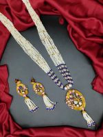 La Trendz 18k Gold Plated Traditional Blue Multistrand Pearl Kundan Studded Necklace Jewellery Set For Women