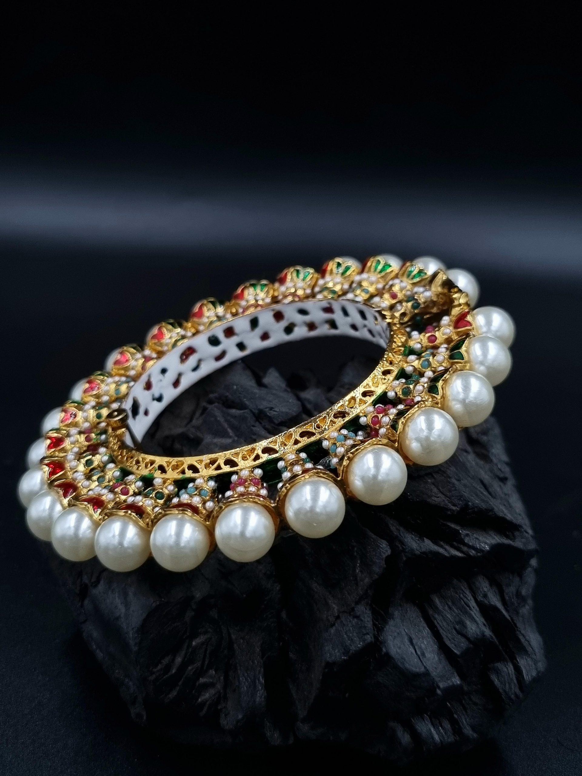 BG_LD440_MLT_595 La Trendz Openable Pearl Bell Shape Gold Polish Bangles For Women - Image 1