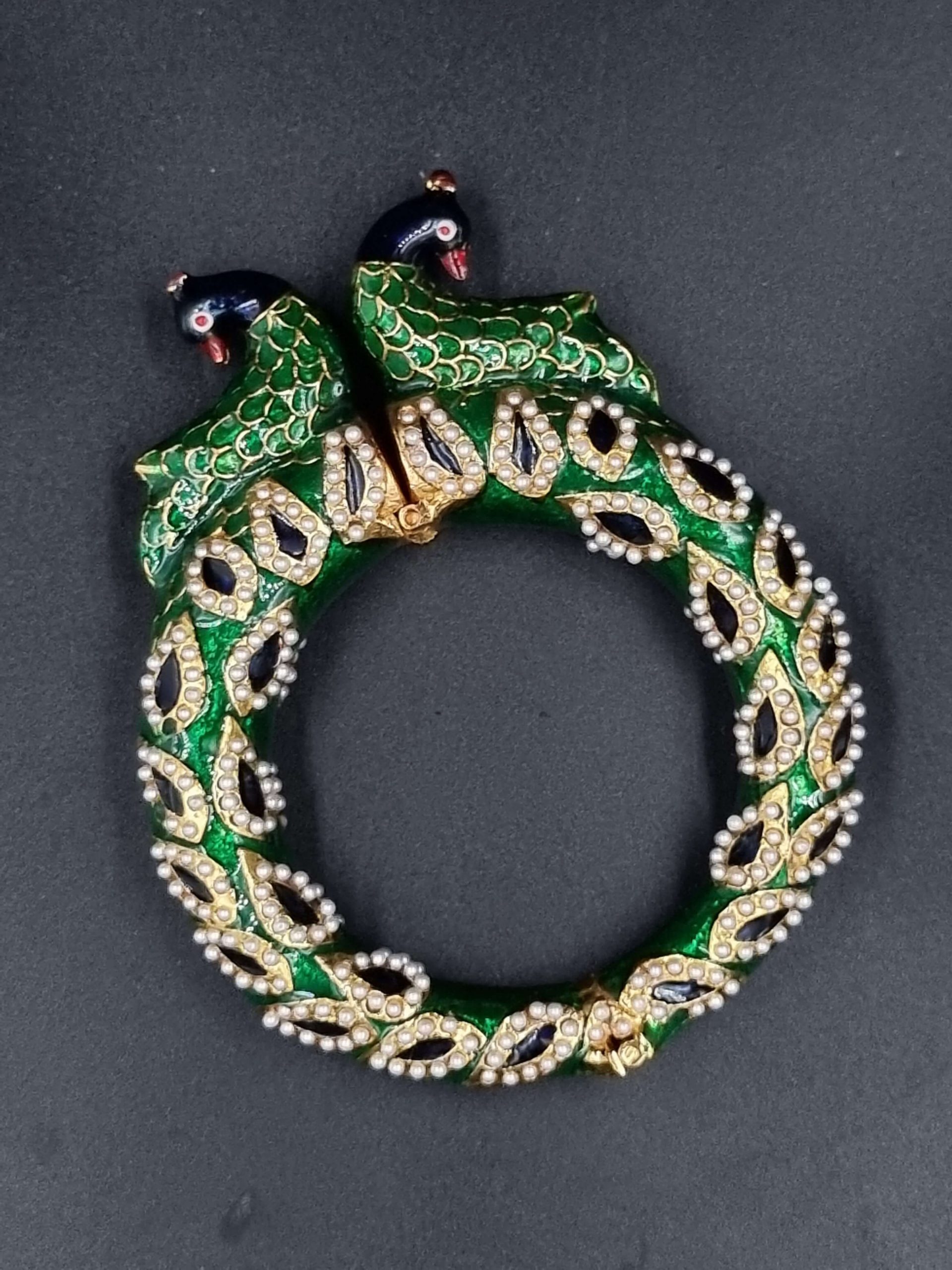 BG_LD469_G_595 La Trendz Openable Peacock Handmade Green Enamel Gold Polish Bangles For Women - Image 1