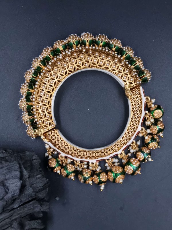 La Trendz Gold Polki Bangles with Emerald and Pearls With Drops For Women
