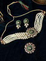 La Trendz Gold Plated Green Meenakari Designer Pearl Beaded Necklace Set For Women