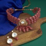 La Trendz Bridal Choker Tricone Kundan Stones & Pink Beads Necklace With Earring
