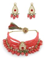 La Trendz Ethnic Festive Kundan & Pink Beads Choker Necklace Set - Image 2