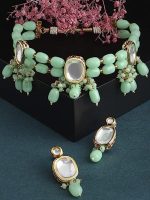La Trendz Mint Multistrand Kundan Stones & Beads Choker Necklace Earring