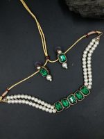 La Trendz Square Green Pearl Beaded Choker Necklace Set For Women