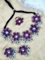 La Trendz Oxidised Multicolor Enamel Flower Necklace & Earring Set