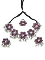 La Trendz Oxidised Multicolor Enamel Flower Necklace & Earring Set - Image 2