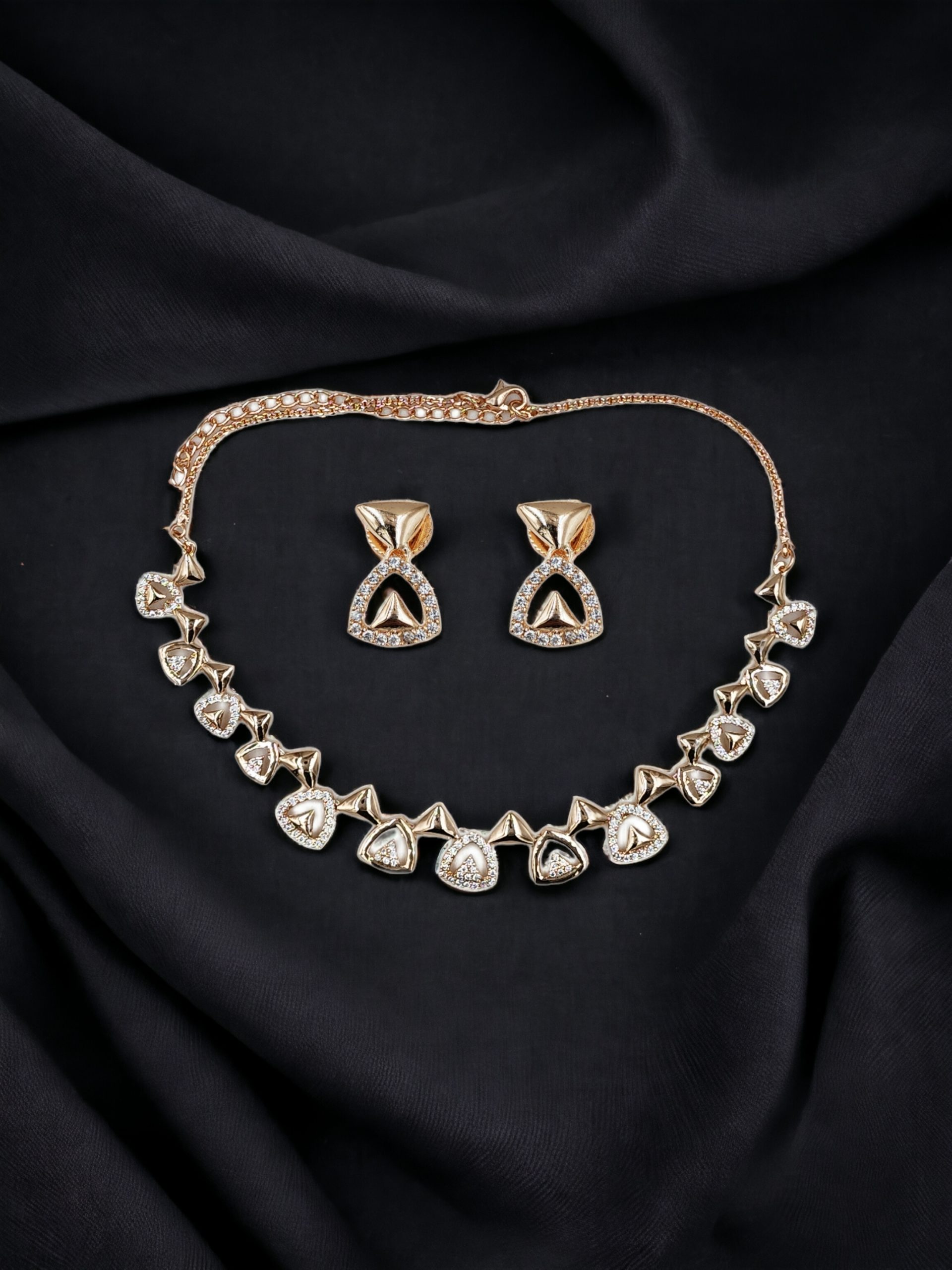 KS_R1237_520 La Trendz Rose Gold Delicate CZ Necklace & Earring Set - Image 1