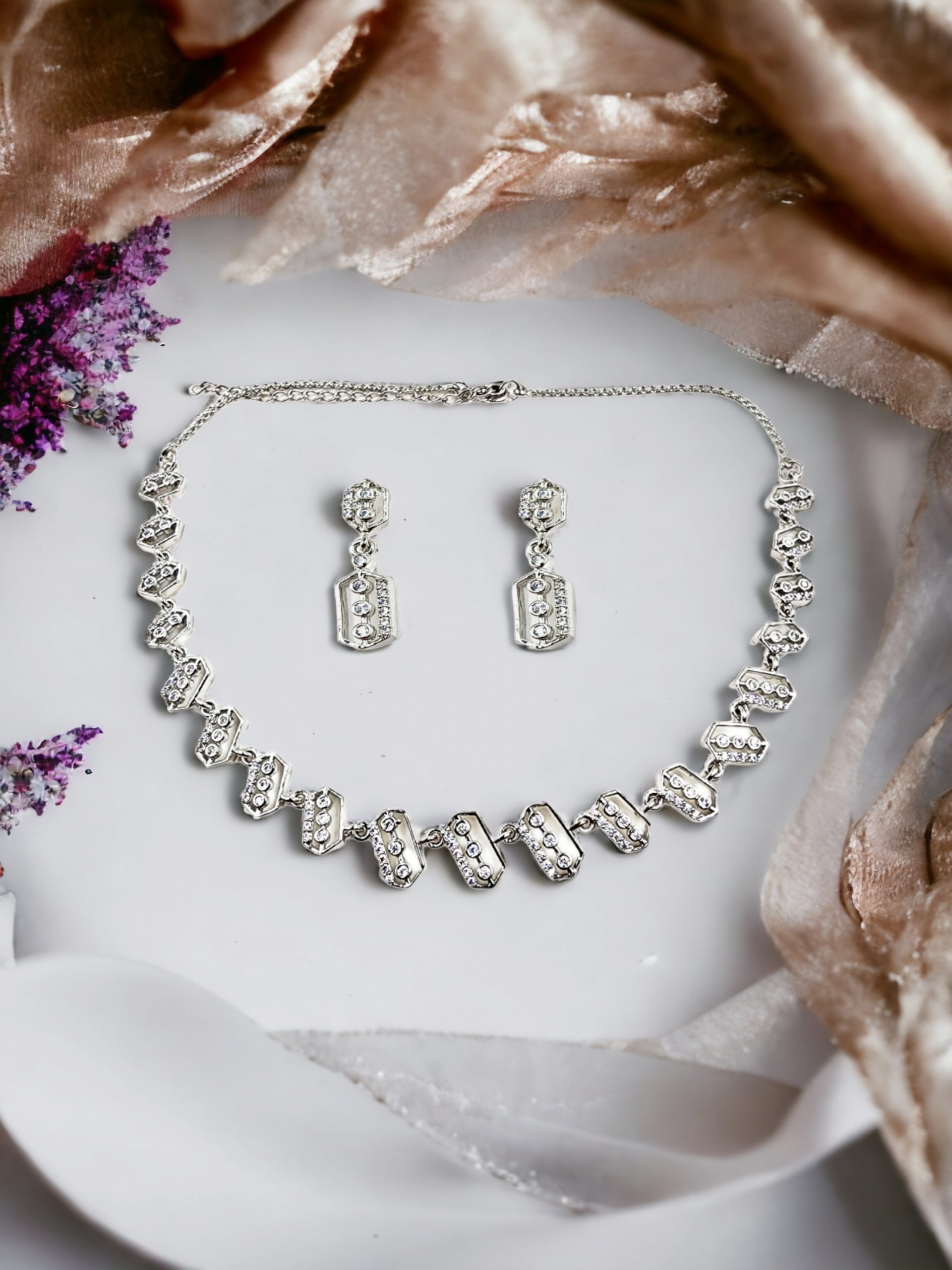 KS_S1253_380 La Trendz Silver Rohdium Polish Delicate CZ Necklace & Earring Set - Image 1