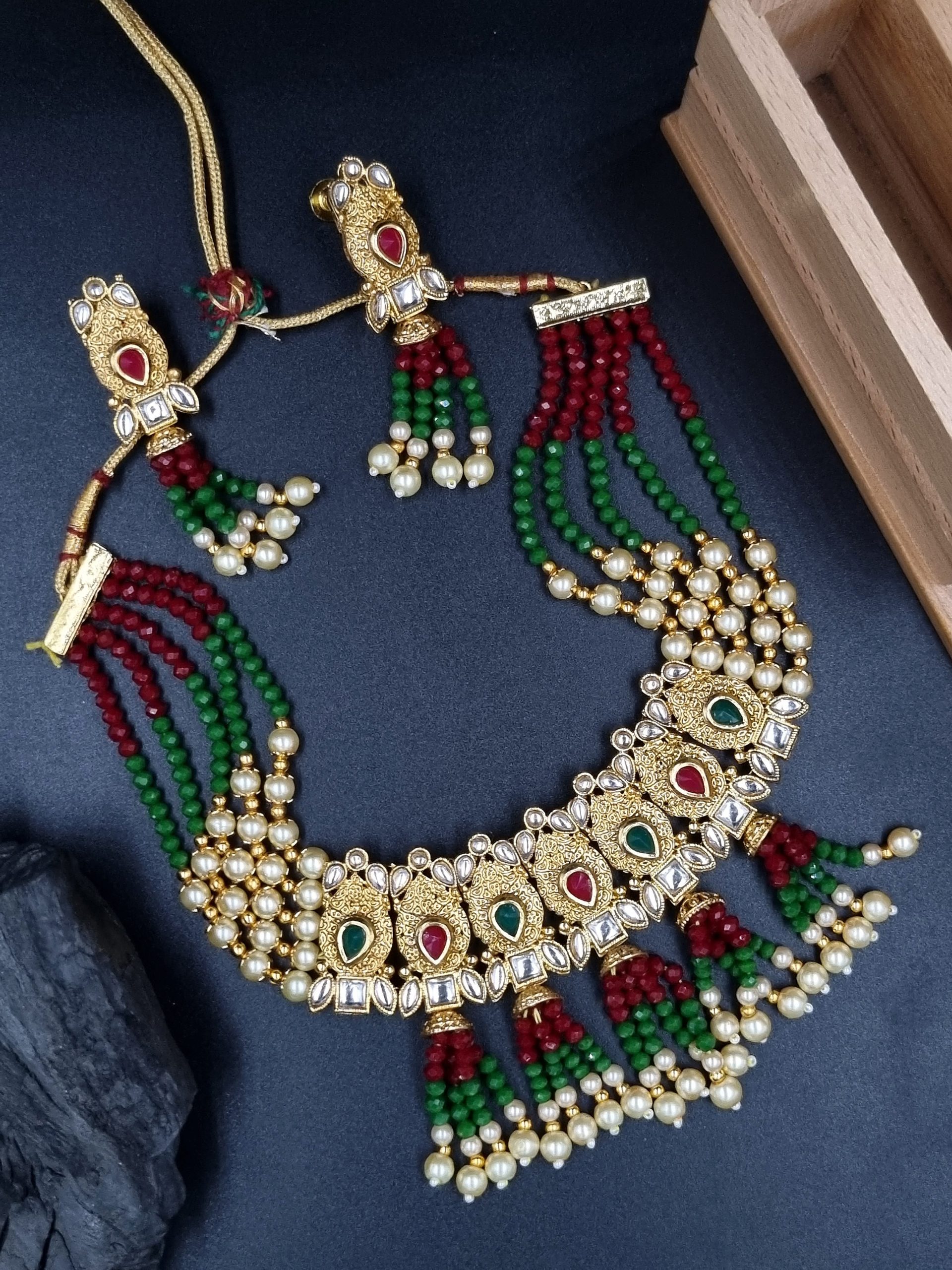 NS_1834_RG_320 A La Trendz Green Beaded Polki Beaded Choker Necklace Ethnic Jewelry - Image 1