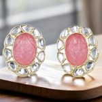 La Trendz Carving Pink Stone Gold Polish Stud Earrings For Women