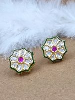 La Trendz Brass Glass Polki Kundan Gold Plated Stud Earring For Women - Image 3