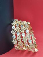 Kundan Full Stone Light Gold Polish Fancy Style Bangles 4 Set