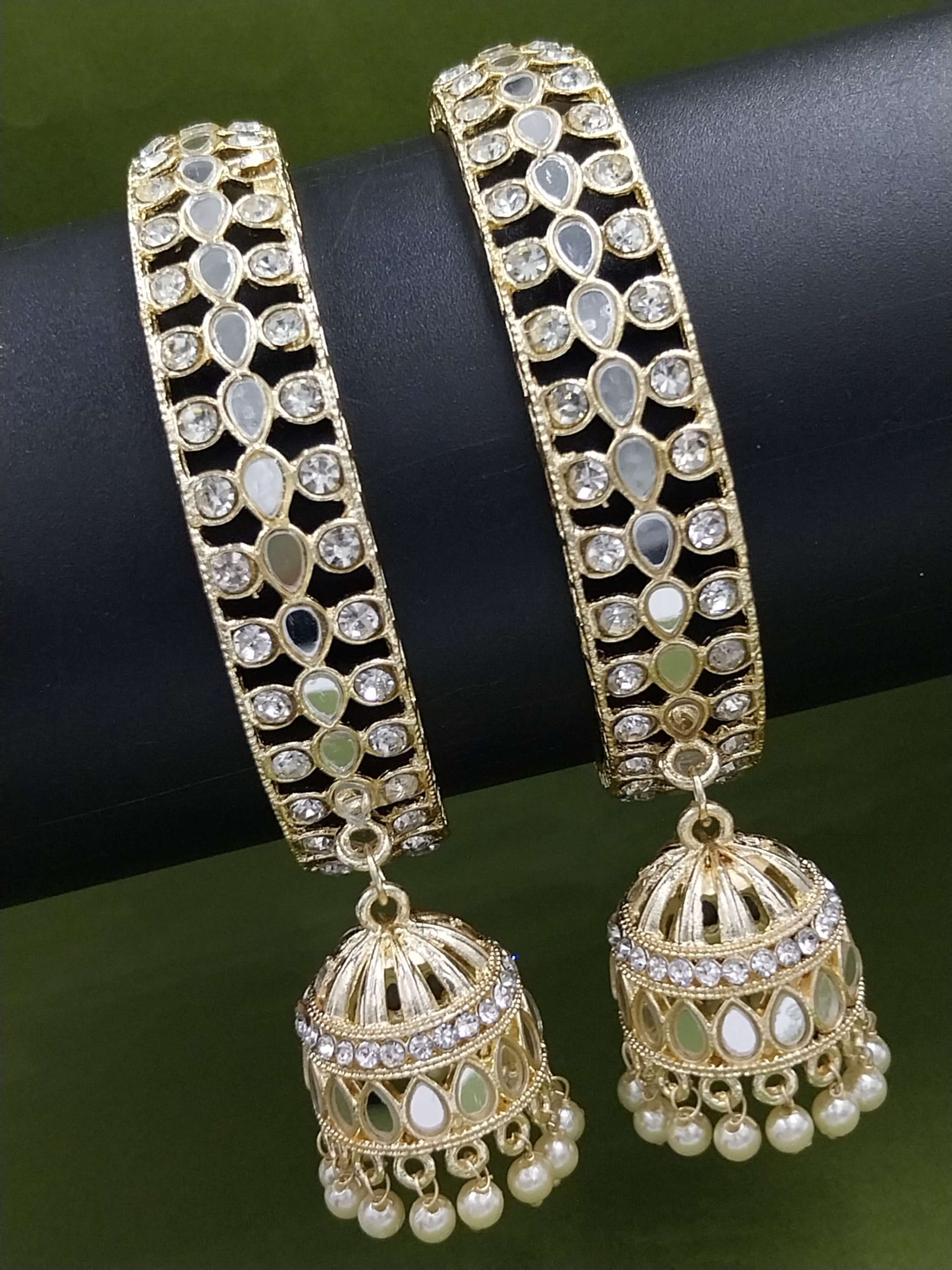 BG070060190W A La Trendz Light Gold Polish Stone Jhumka Kaleera Chuda Bangles 2 Set - Image 1