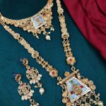 La Trendz Traditional Gold-Plated Bridal Jewelry Set with Long Haram Necklace, Temple Design Pendant & Earrings for Women