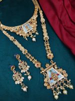 La Trendz Traditional Gold-Plated Bridal Jewelry Set with Long Haram Necklace, Temple Design Pendant & Earrings for Women