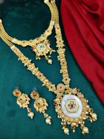 La Trendz Traditional Gold-Plated Bridal Jewelry Set with Long Haram Necklace, Temple Design Pendant & Earrings for Women