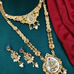 La Trendz Traditional Gold-Plated Bridal Jewelry Set with Long Haram Necklace, Temple Design Pendant & Earrings for Women