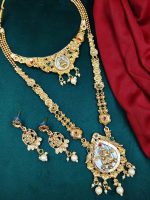 La Trendz Traditional Gold-Plated Bridal Jewelry Set with Long Haram Necklace, Temple Design Pendant & Earrings for Women