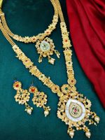 La Trendz Traditional Gold-Plated Bridal Jewelry Set with Long Haram Necklace, Temple Design Pendant & Earrings for Women