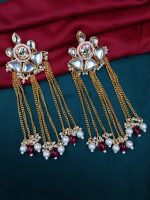 Traditional Kundan Pearl Long Earrings with Red Beads | Gold Plated Bridal Chandbali Dangler Jewellery for Women & Girls