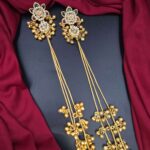 Traditional Gold-Plated Kashmiri Jhumka Earrings with Long Chains & Stone