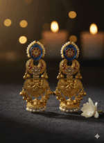 Antique Gold Finish Heritage Kashmiri Earrings with Green Stone & Pearls - Image 3