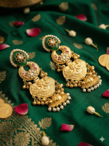 Antique Gold Finish Heritage Kashmiri Earrings with Green Stone & Pearls