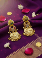 Antique Gold Finish Heritage Kashmiri Earrings with Green Stone & Pearls - Image 2
