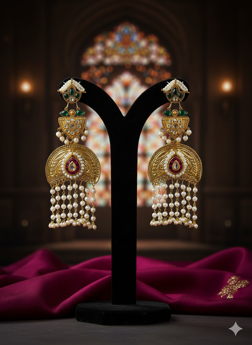 ER0321_0180350RWG_A Designer Heritage Kashmiri Jhumka Earrings Wholesale | Imitation Gold Kundan Pearl Export Jewellery - Image 1