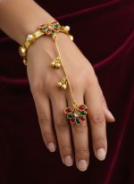 Gold Plated Kundan Hathphool Bracelet Ring Set for Women | Wholesale Indian Bridal Hand Harness Jewelry Manufacturer Exporter - Image 4