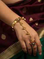 Gold Plated Kundan Hathphool Bracelet Ring Set for Women | Wholesale Indian Bridal Hand Harness Jewelry Manufacturer Exporter - Image 2