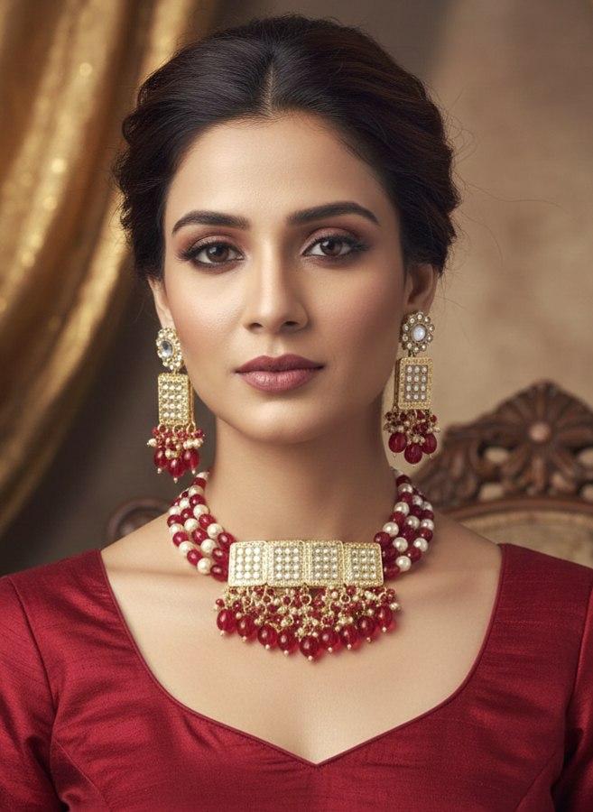 KS118008295R_WEBSITE Wholesale Kundan Ruby Beaded Necklace Set Bulk | Gold Plated Imitation Jewellery Manufacturer Supplier - Image 1