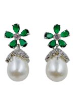 Bulk Imitation Jewellery Supplier | Export Quality Silver Plated CZ American Diamond Green Pearl Earrings - Image 2
