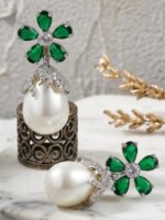 Bulk Imitation Jewellery Supplier | Export Quality Silver Plated CZ American Diamond Green Pearl Earrings