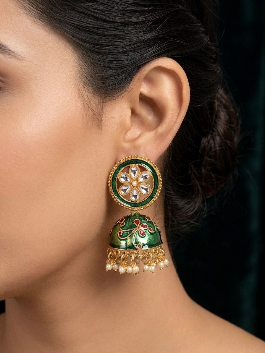 ER0329_080150G_WEBSITE_A Wholesale Green Meenakari Gold Plated Jhumka Earrings | Bulk Imitation Jewellery Supplier - Image 1