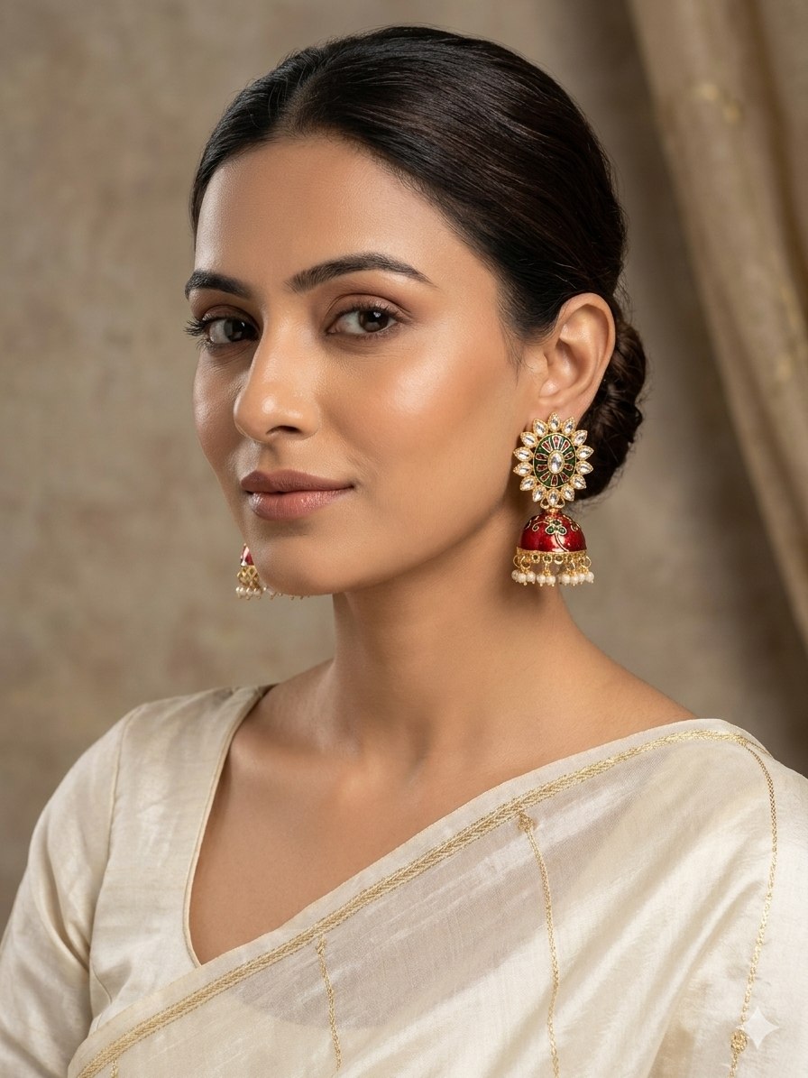 ER0330_080150R_WEBSITE_A Wholesale Fashion Jewellery | Bulk Export Quality Meenakari Gold Plated Jhumka Earrings - Image 1
