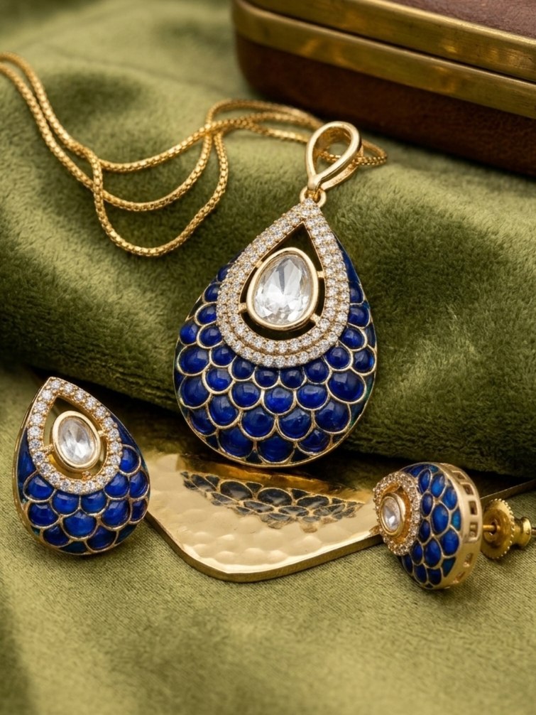 KS01405_0210540BL_WEBSITE Wholesale Moissanite Epoxy Meenakari Gold Plated Pendent Set & Earring | Bulk Fashion Jewellery Manufacturer - Image 1