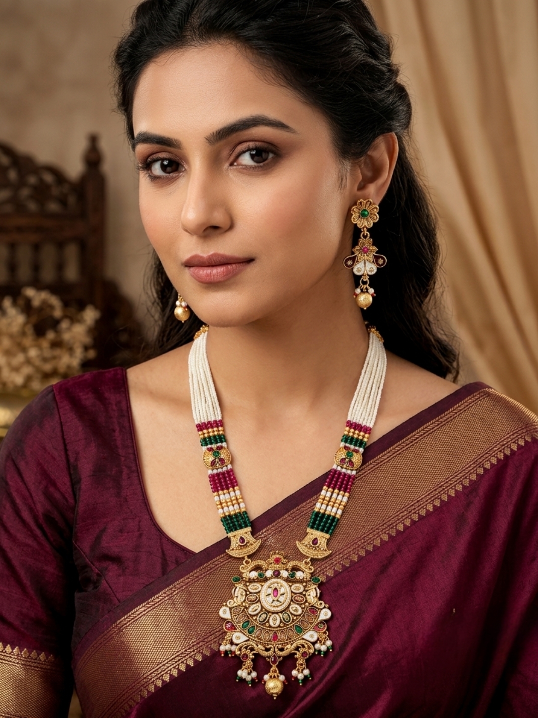 KS01418_0230390MLT_WEBSITE_A Antique Gold Plated Kundan Pearl Haar Necklace Set | Temple Jewellery Bridal Set with Earrings – Wholesale & Export Quality - Image 1
