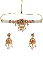undan Meenakari Peacock Choker Necklace Set with Pearl Beaded Strands & Earrings | Antique Gold Plated Wholesale Bridal Jewellery - Image 3