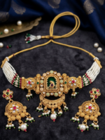 undan Meenakari Peacock Choker Necklace Set with Pearl Beaded Strands & Earrings | Antique Gold Plated Wholesale Bridal Jewellery - Image 2