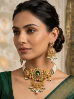 undan Meenakari Peacock Choker Necklace Set with Pearl Beaded Strands & Earrings | Antique Gold Plated Wholesale Bridal Jewellery