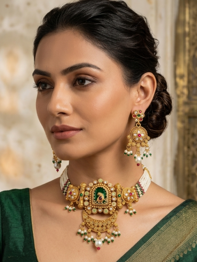 KS01422_0220200MLT_WEBSITE_A undan Meenakari Peacock Choker Necklace Set with Pearl Beaded Strands & Earrings | Antique Gold Plated Wholesale Bridal Jewellery - Image 1