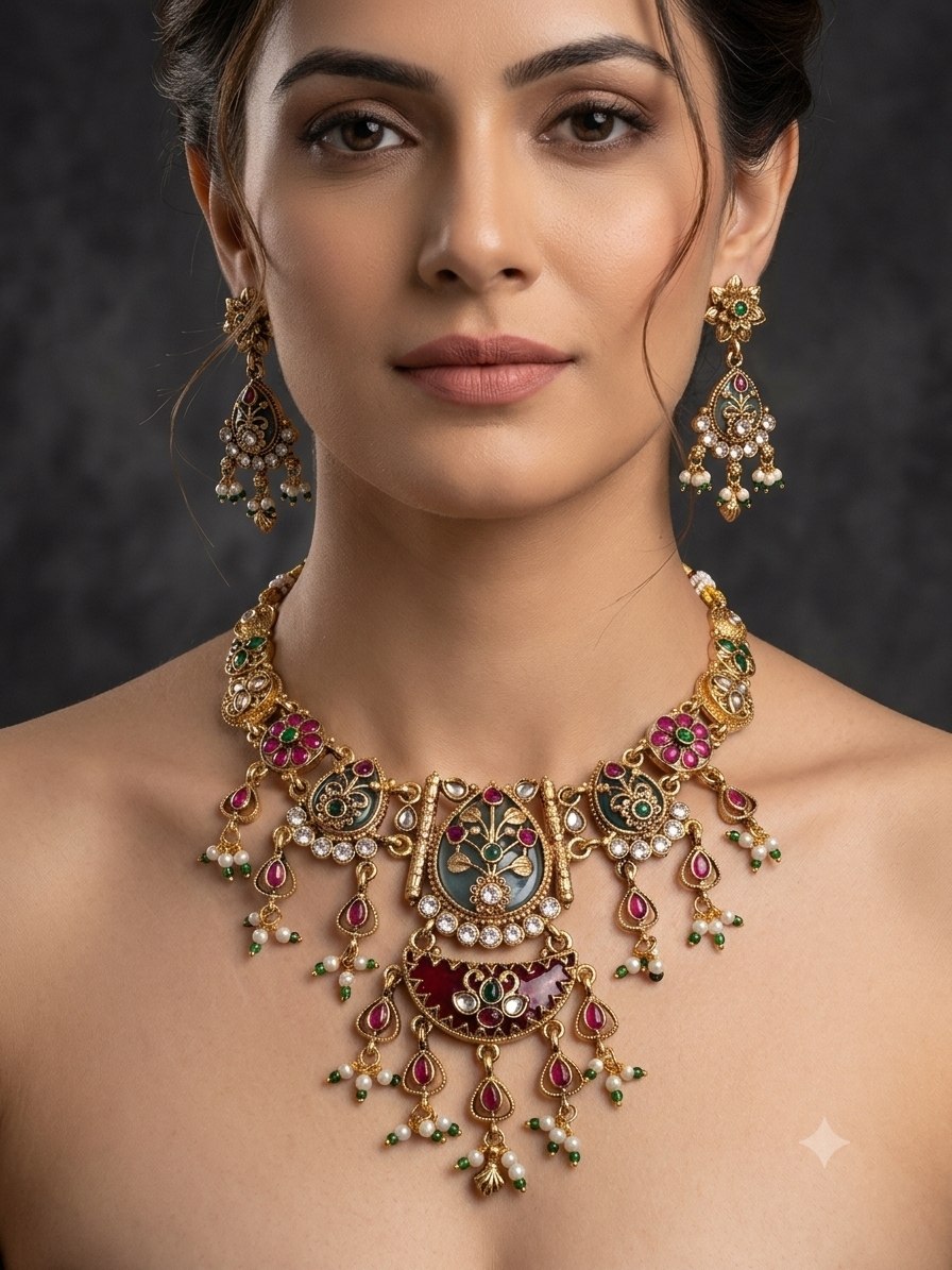 KS01423_0220250MLT_WEBSITE_A Kundan Meenakari Bridal Necklace Set with Earrings | Gold Plated Antique Jewellery – Wholesale & Export Quality - Image 1