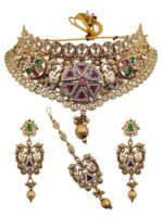 Antique Gold Kundan Polki Choker Necklace Set with Maang Tikka & Earrings | Wholesale Bridal Jewellery Supplier – Export Quality - Image 3