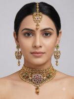 Antique Gold Kundan Polki Choker Necklace Set with Maang Tikka & Earrings | Wholesale Bridal Jewellery Supplier – Export Quality