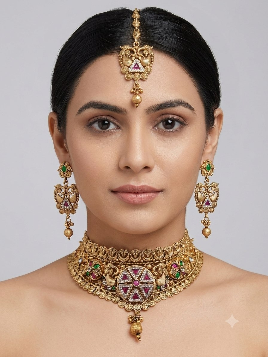 KS01424_0220225MLT_WEBSITE_A Antique Gold Kundan Polki Choker Necklace Set with Maang Tikka & Earrings | Wholesale Bridal Jewellery Supplier – Export Quality - Image 1