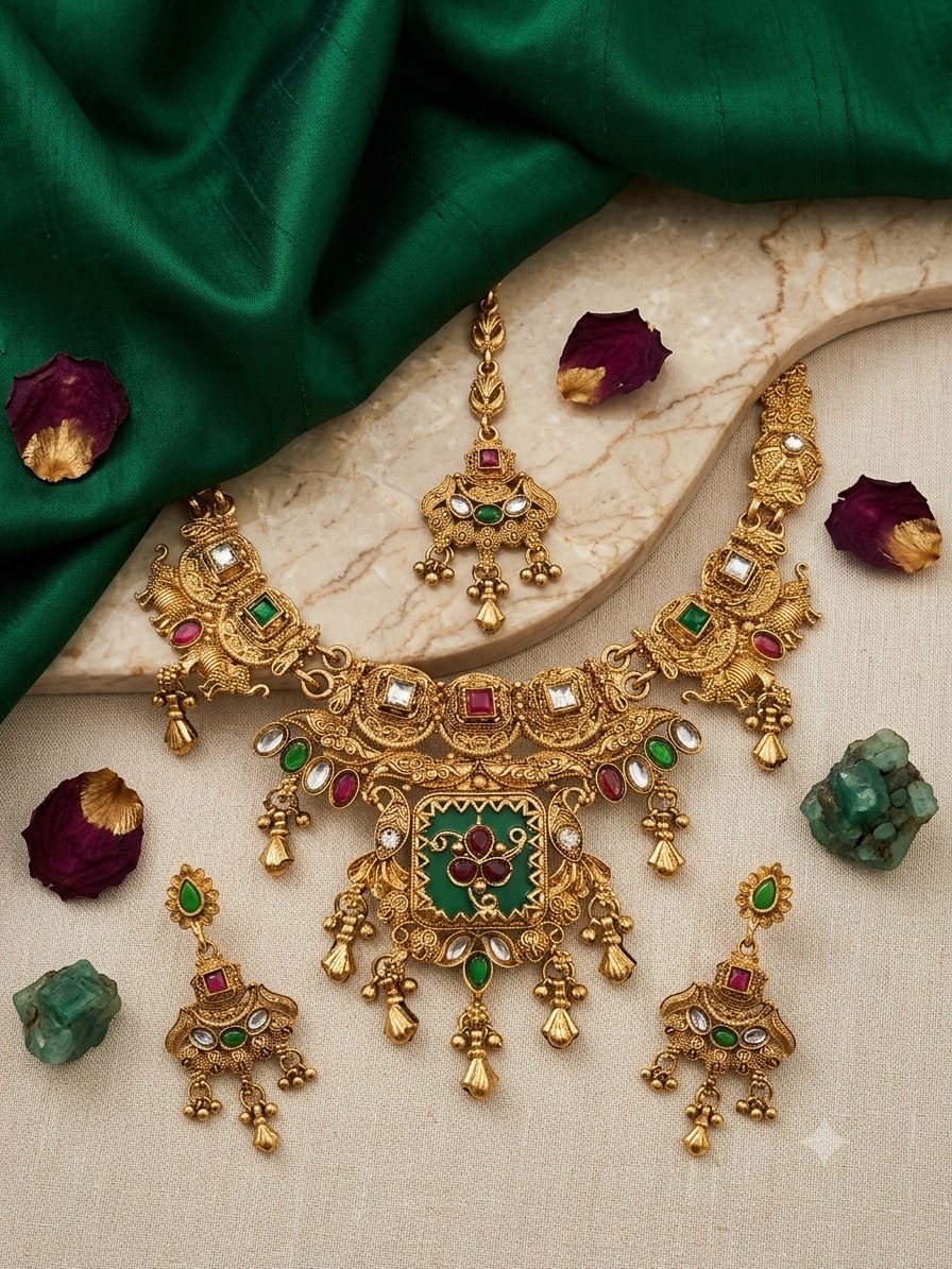 KS01425_0220210MLT_WEBSITE Antique Gold Plated Kundan Pearl Haar Necklace Set | Temple Jewellery Bridal Set with Earrings – Wholesale & Export Quality (Copy) - Image 1