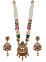Antique Gold Kundan Long Haar Necklace Set with Pearl Beads & Jhumka Earrings | Wholesale Bridal Jewellery Supplier - Image 3