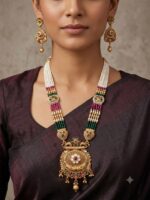 Antique Gold Kundan Long Haar Necklace Set with Pearl Beads & Jhumka Earrings | Wholesale Bridal Jewellery Supplier